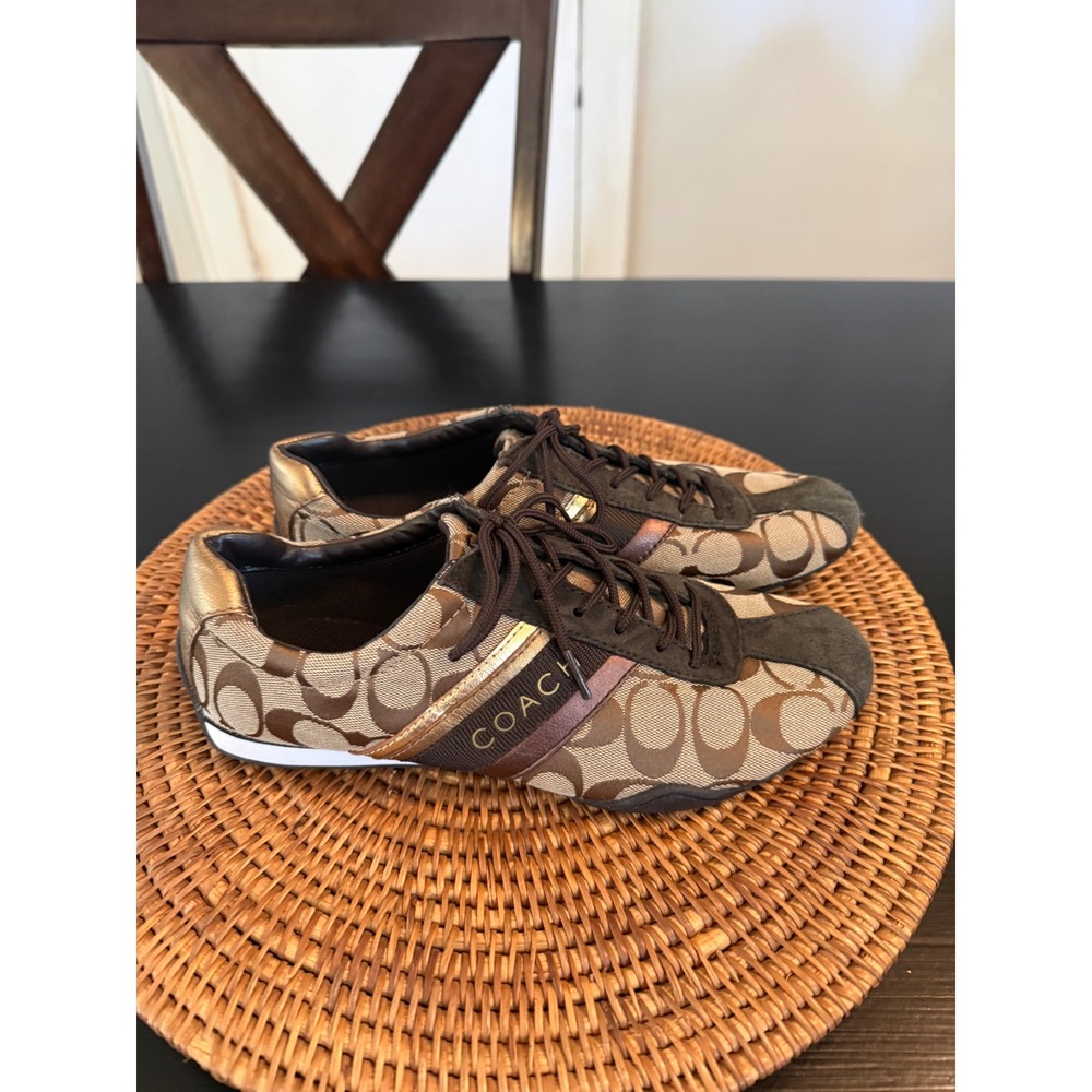 Coach Signature Monogram Jacquard Sneakers Brown Bronze Metallic Women Shoes